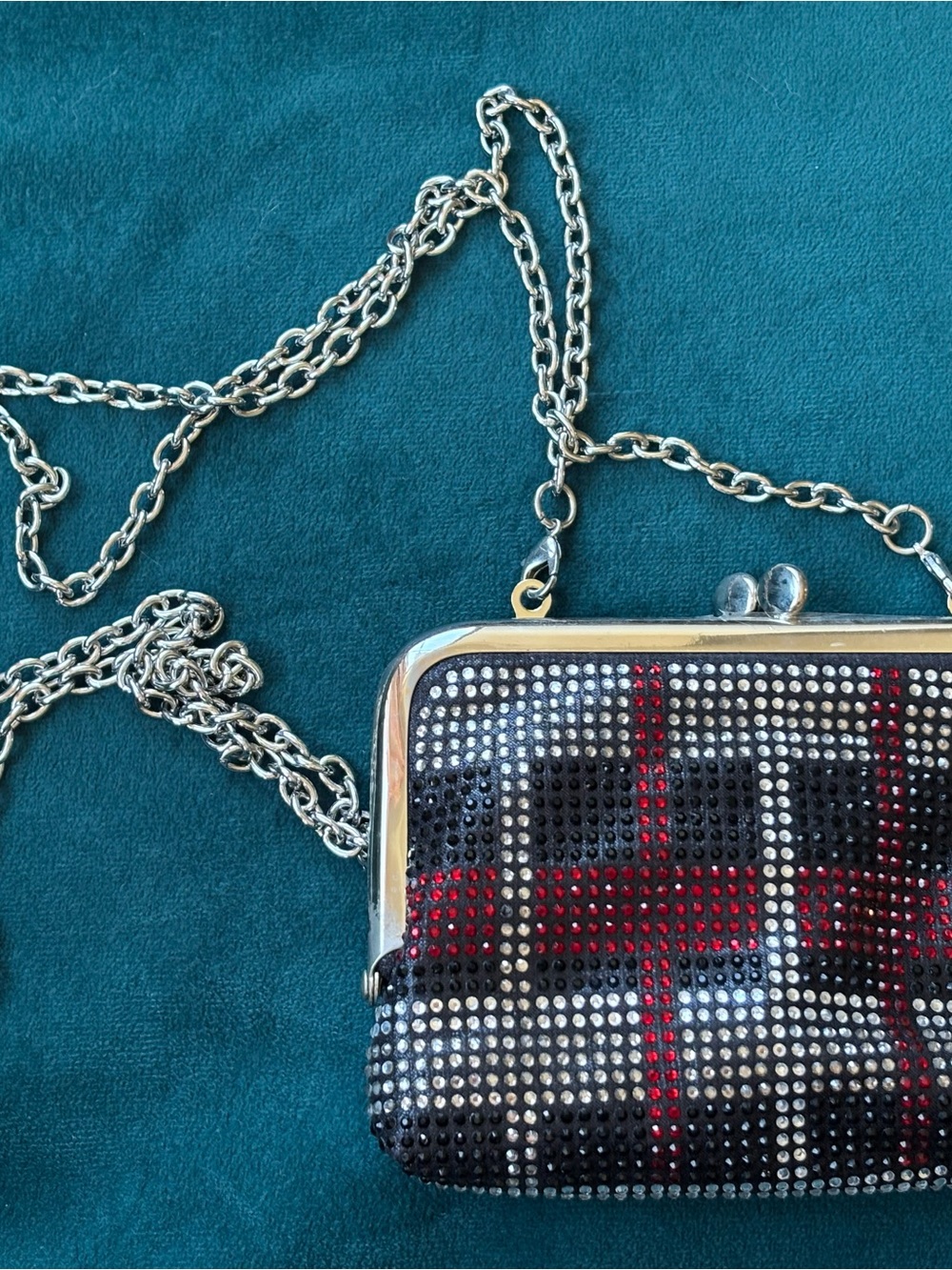 INC International Concepts Black, Red & Silver Crystal Plaid Frame Clutch